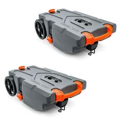 two gray and orange coolers sitting side by side on top of each other in front of a white background