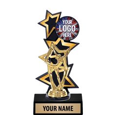 an award trophy is shown with the name and logo in gold, black, and red