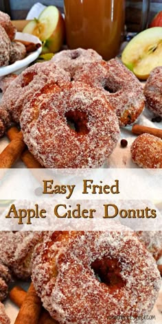 apple cider donuts with cinnamon sugar on top and apples in the background text reads easy fried apple cider donuts