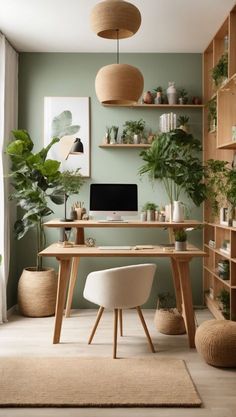 a home office with green walls and wooden shelves