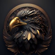 an eagle head with gold accents on it's face in a circular frame against a black background