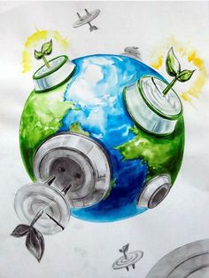 a drawing of the earth with two green plants growing out of it's top