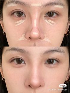 Makeup Ideas Under Eyes, Japanese Nose Contour, Foundation Tips How To Apply, Korean Nose Makeup, Nose Countering Tutorial, Triple Eyelid Makeup, Korean Makeup Contour, Concealer Placement Chart, Cute Makeup Looks Aesthetic Natural