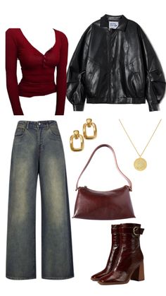 #red#fall#falloutfit #leatherjacket #comfy#comfyfit #chic#classy#redfit #fit#fitinspo #college #collegeoutfits Red Fall, Leather Jacket