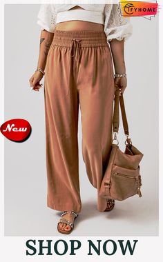 Brown Drawstring Elastic Waist Casual Wide Leg Pants Spring Stretch Wide Leg Pants With Drawstring, Solid Wide Leg Pants With Drawstring For Fall, Stretch High Waist Wide Leg Pants With Drawstring, Fall Wide Leg Pants With Drawstring In Solid Color, Brown Wide Leg Pants With Drawstring, Fall Wide Leg Pants With Drawstring, Fall Solid Color Wide Leg Pants With Drawstring, Non-stretch Wide-leg Pants With Drawstring, Stretch Wide-leg Pants With Drawstring