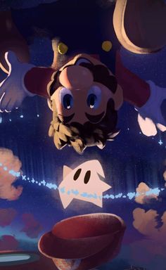 a cartoon character flying through the air with clouds and stars in the sky behind him