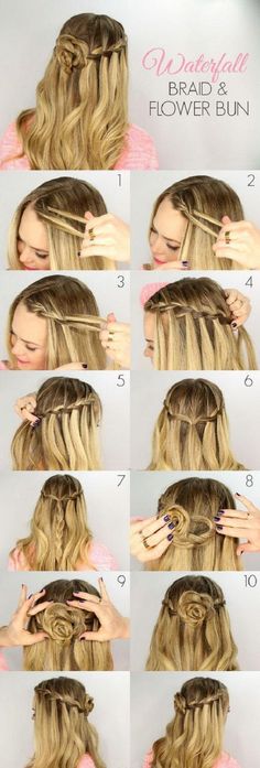 Easy Hairstyles Step By Step, Hairstyles Step By Step, Flower Bun, Easy Hairstyles Quick, Waterfall Braid, Updos For Medium Length Hair, Cute Hairstyles For Medium Hair