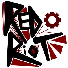 an abstract red and black logo with gear in the middle, on a white background