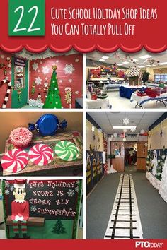 several pictures of holiday decorations and gifts in the store with text overlay that reads, 22 cute school holiday shop ideas you can totally pull off