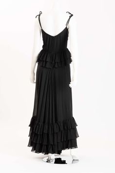 For Sale on 1stDibs - Luxurious Valentino Boutique black silk evening gown with tiered ruffles, sweeping hemline and hand beaded and embroidered bodice. Two ruffles at bodice Silk Evening Gown, Vintage Valentino, Embroidered Bodice, Valentino Black, Black Gown, Silk Chiffon, Hand Beading, Black Silk, Sewing Ideas