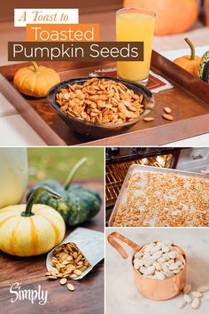 pumpkin seeds and other foods are shown in this collage