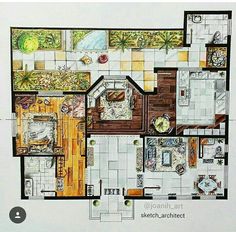 a drawing of a kitchen and living room in one floor plan, with the bedroom on the other side