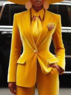 Buttoned Urban Pleated Balloon Sleeve Blazer | stylewe Women’s Suits For Work, Womens Yellow Outfits, Winter Blazers Women, Classy Pantsuits For Women, Professional Photoshoot Outfits, Mustard Outfit Ideas, Bridesmaid Suits For Women, Women Suit Outfits, Boujee Baddie