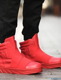 OrcaJump - Hommes Bottes de Moto Casual Daily Walking Shoes PU Noir/Blanc/Rouge Automne/Hiver Hip Hop Shoes, Red Ankle Boots, Mens Ankle Boots, Winter Leather Boots, Mens Winter Boots, Ankle Boots Men, High Shoes, Red Boots, Casual Flat Shoes