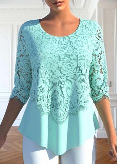 Color:Mint Green;Size:S;Size:M;Size:L;Size:XXL;Package Contents:1 X Blouse;Occasion:Other;Style:Casual; Mint Green Blouses, Blouse Size Chart, Women Blouses Fashion, Womens Trendy Tops, Couture Mode, Lace Outfit, Green Lace, Lace Shirt, Trendy Tops