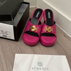 Great Condition Exactly As Pictured. Worn A 3 Times. True To Size. Comes With Original Box, Tissue, Paper, Dust Bag And Original Tag. Designer Synthetic Platform Heels, Designer Wedge Heels With Branded Heel Counter, Chunky Mules, Versace Pink, Versace Shoes, Mule Clogs, Mules Shoes, Tissue Paper, Clogs