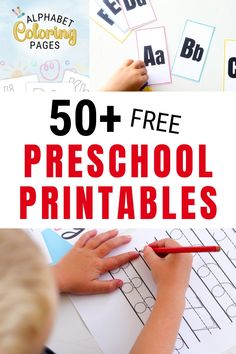 a child is writing on a white sheet with the words 50 + free preschool printables