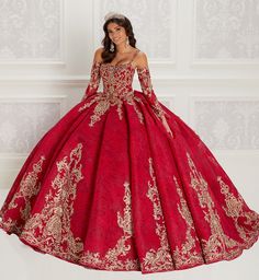 Embroidered lace ball gown with a scoop neckline, embroidered and beaded bodice, basque waist, and bow accent on the back. Detachable sleeve and short cape included Vestido Charro, Red Quince, Red Ball Gown, Red Quinceanera Dresses, Art Shoes, Quinceanera Ideas, Quince Dress, Quince Ideas, Princess Sleeves