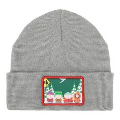 a gray beanie with cartoon characters on it