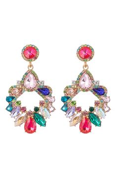 Sparkling multicolor crystals glam up these statement drop earrings for stunning style. 2.5" drop Post back Metal alloy, glass crystals Imported Statement Earrings Cocktail Dress, Mare Barrow Earrings Colors, Luxury Multicolor Festive Jewelry, Funky Jewelry Macy's, Gorgeous Earrings Sparkle, Bright Statement Earrings, Multicolor Crystal Chandelier Drop Earrings, Multicolor Crystal Chandelier Earrings, Glamorous Multicolor Dangle Crystal Earrings