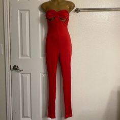 Stretch, New Red Fitted Strapless Jumpsuit For Party, Red Fitted Strapless Jumpsuit For Summer, Red Strapless Jumpsuit For Night Out In Spring, Red Strapless Jumpsuit For Spring Night Out, Red Stretch Jumpsuits And Rompers For Loungewear, High Waist Red Jumpsuits And Rompers For Night Out, Red Stretch Jumpsuit For Date Night, Red Strapless Jumpsuit For Summer Nights, Red Bodysuit For Spring Night Out