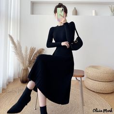 Olivia Mark - Knee-Length Sweater Dress: Versatile Knitted Maxi Dress for Layering and All-Season Style Black Stretch Midi Dress For Winter, Black Solid Color Winter Dress, Black Long Sleeve Ribbed Midi Dress, Black Ribbed Long Sleeve Midi Dress, Casual Solid Midi Dress For Winter, Black Long Winter Dresses, Black Winter Midi Dress, Black Solid Color Winter Midi Dress, Black Ribbed Winter Dress