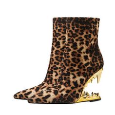 Kaky's New Leopard Print Pointed Toe High Heel Wolf Teeth Slope Heel – Golden Atelier Fall Ankle Platform Boots With Metal Feet, High-top Booties For Fall Parties, Winter High Heels With Metal Feet, Party High-top Booties For Fall, Fall High-top Platform Boots With Metal Feet, Winter Heels With Metal Feet And Pointed Toe, Winter Ankle Boots With Metal Feet, Fall Martin Boots With Reinforced Heel And Pointed Toe, Fall Party High-top Heeled Boots