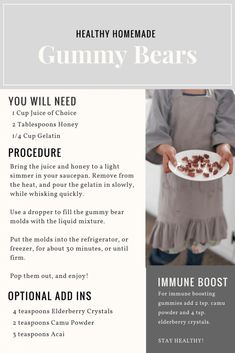 the recipe for gummy bears is shown in this poster, with instructions on how to make