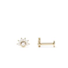 Elevate your cartilage jewelry collection with an elegant diamond stud earring. Crafted from 14k solid gold, this modern and minimalist design features a cluster of diamonds totaling 0.04 carats. Chic and comfortable, it's the perfect accessory for adding a touch of sophistication to your everyday style. The threaded screw pin earring post is easy to insert and remove, and the flat back makes it comfortable to wear. Our screw pin flat back earring studs are made of solid 14k gold and are hypoall 14k Yellow Gold Cartilage Earrings With Diamond Accents, 14k Gold Fine Jewelry Piercings, Dainty Yellow Gold Diamond Piercings, Fine Jewelry 14k Gold Piercings For Anniversary, 14k Gold Fine Jewelry Piercings For Anniversary, Elegant Huggie Piercings With Prong Setting, Elegant Prong-set Huggie Piercings, Elegant 14k Gold Internally Threaded Jewelry, Elegant 14k Gold Huggie Piercings