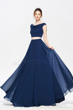 Navy Blue Two Piece Evening Dresses Long 1pice Dress Long, Blue Colour Dress Design, Blue One Piece Dress, One Piece Dress Design, Long One Piece, Two Piece Evening Dresses, Blue Colour Dress, Skirt And Top Dress, Gown Party Wear