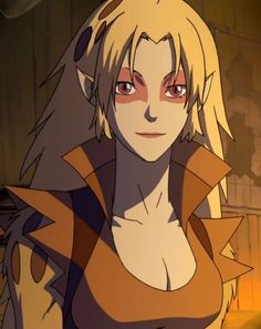 an anime character with blonde hair and red eyes, wearing a brown outfit while looking at the camera