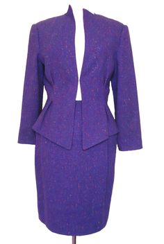 Vintage Geoffrey Beene Skirt Suit S/M Women Purple Wool Tweed Peplum Geoffrey Beene, Make Mistakes, Suit Separates, Skirt Suit, Brands Outlet, Silk Printing, Floral Print, Floral Prints, Sleeve Length