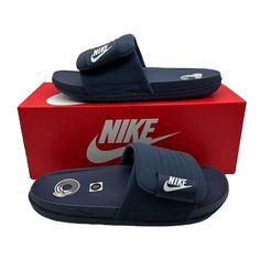 Nike Offcourt Adjust Slide Thunder Blue Men Casual  Sandal DQ9624-400 Size 11 Blue Slides For Summer, Nike Casual Synthetic Flip Flops, Navy Cushioned Open Toe Slides, Sporty Blue Synthetic Flip Flops, Navy Synthetic Slides For Beach, Casual Sports Flip Flops With Cushioned Footbed, Navy Beach Slides With Cushioned Footbed, Nike Casual Slip-on Flip Flops, Casual Nike Slip-on Flip Flops