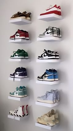 White Shoe Wall, Jordan Display Bedroom, Jordan Shelf Shoes, Sneaker Displays Bedroom, Shoes On Wall Shelves, Display Shoes On Wall, Bedroom Ideas Shoe Wall, Aesthetic Shoe Holder, Room With Shoes On The Wall