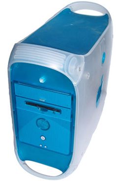 a blue and white cooler sitting on top of a white floor next to a wall