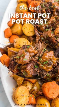 the best instant pot roast recipe on a white plate with carrots, potatoes and parsley