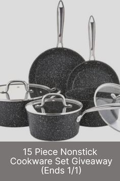 an assortment of pots and pans with the words 15 piece nonstickk cookware set giveaway ends 11