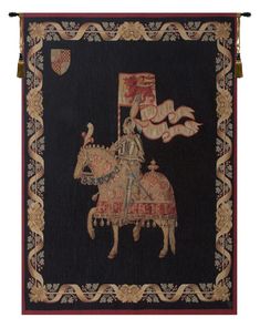 a tapestry with a man on a horse holding a flag