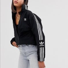 Track Jacket By Adidas -Stand Collar -Stripe Sleeves -Branded Design -Zip Fastening -Fitted Trims -Regular Fit Adidas Jacket Outfit, Black Adidas Jacket, Adidas Outfit Women, Up Logo, Womens Winter Fashion Outfits, Outfits Vintage, Womens Beach Fashion, Womens Fashion Casual Fall, Adidas Vintage