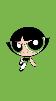 the powerpuff girl cartoon character with green eyes and black hair, standing in front of a green background