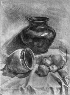 a drawing of a vase and pears on a table