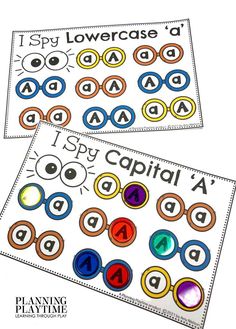 two printable bookmarks with the words i spy lowercase and uppercase letters