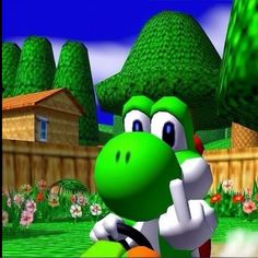 an image of a video game character riding a bike in the grass with trees and houses behind him