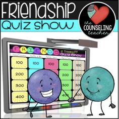 two cartoon characters standing next to each other in front of a board with the words friendship quiz show on it