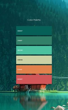 the color palette is different shades of green, orange, and pink with flamingos swimming in the water