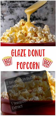 two images showing how to make glaze donut popcorn