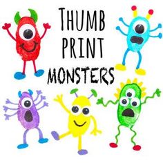 four different colored cartoon monsters with the words thump print on them