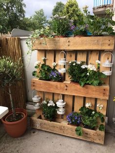 a wooden pallet filled with potted plants