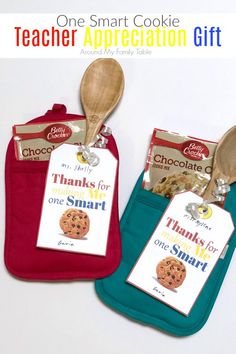 two teacher appreciation gift bags with wooden spoons and cookie tags on them for teachers