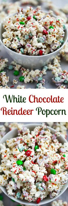 white chocolate reindeer popcorn in a bowl with candy sprinkles on the side